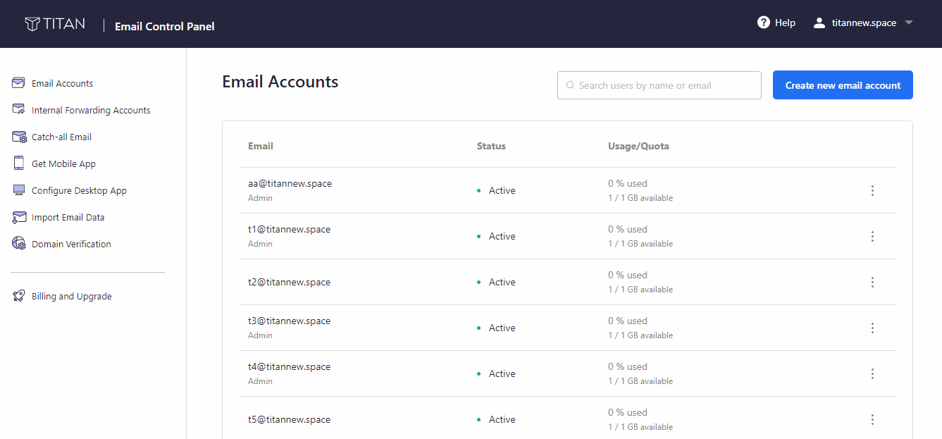 Titan Business Email Webmail Dashboard Interface