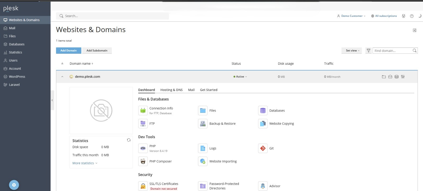 Plesk Obsidian Control Panel Dashboard Demo